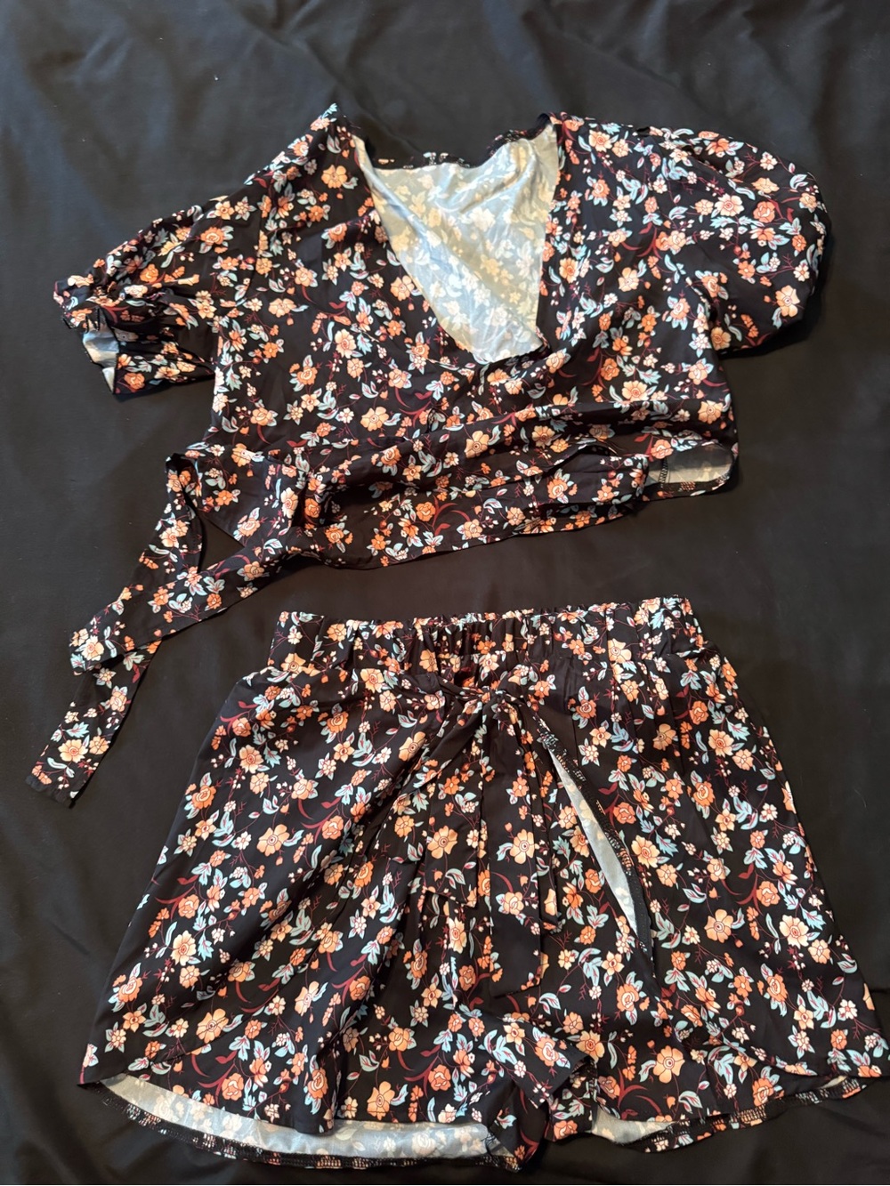 SHEIN Black Floral Two-Piece Wrap Top and Shorts Set
